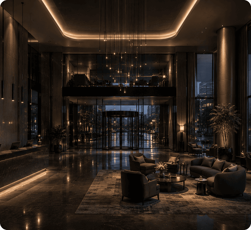 Evening dining room with warm lighting and set tables